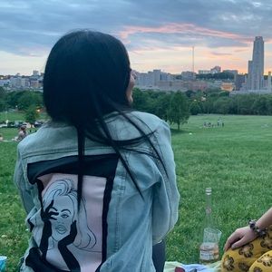 light wash jean jacket with hand painted lady